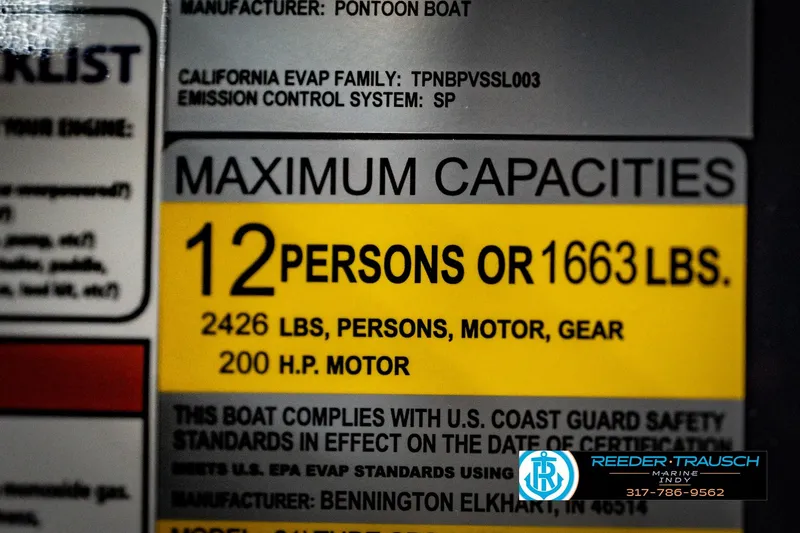 Slide: The Image of 2026 Bennington 22 MSB capacity label: 12 persons or 1663 lbs, 200 HP motor. - 57