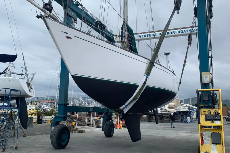 Slide: The Image of 1972 Tartan 41 sailboat in Ventura Harbor Boatyard, lifted for maintenance. - 4