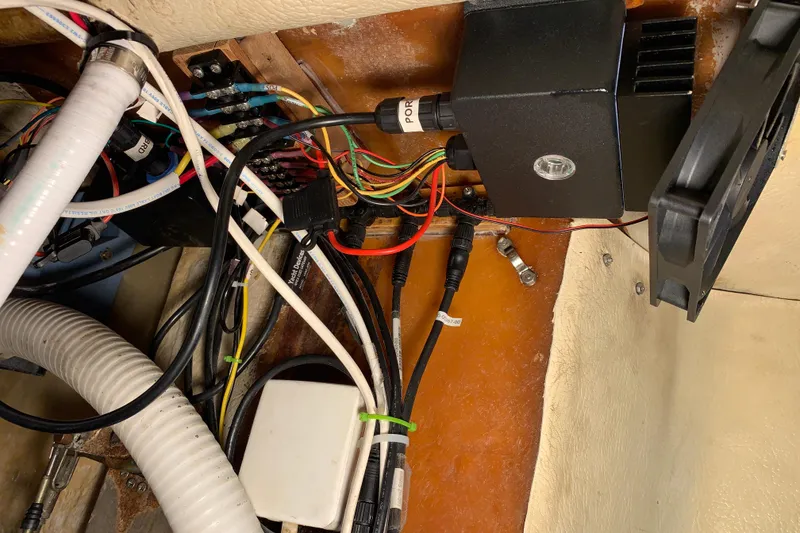 Slide: The Image of Electrical wiring and components inside a 1972 Tartan 41 boat. - 78