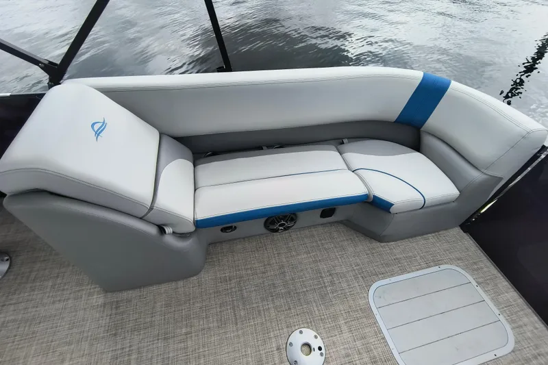 Slide: The Image of Luxurious seating on 2025 SunCatcher Select 324RC pontoon boat, featuring sleek design and comfort. - 22