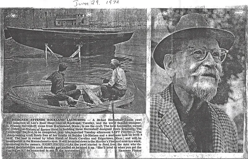 Slide: The Image of A 1972 Herreshoff Rozinante yacht launch with two people in a rowboat and a man in a hat. - 14