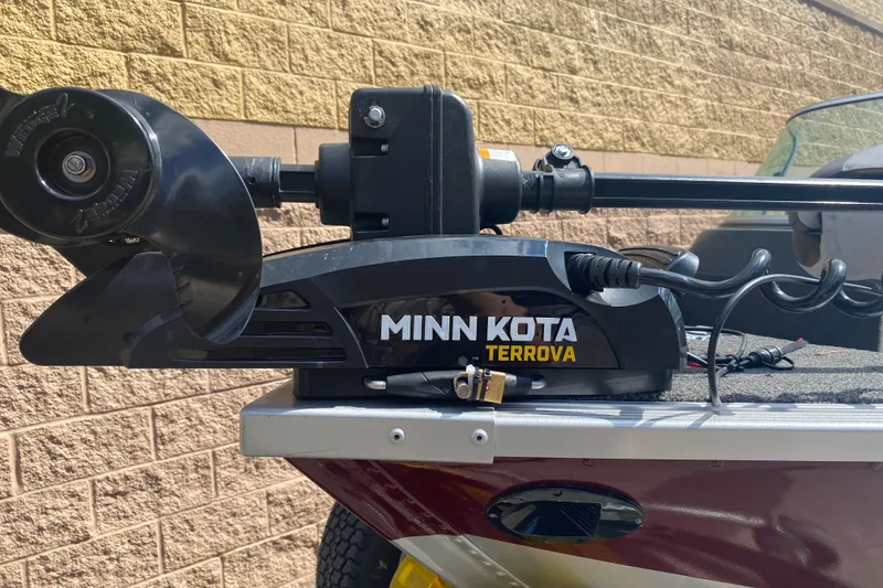 Slide: The Image of Minn Kota Terrova motor on 2017 Alumacraft Classic 165 boat, close-up view. - 5