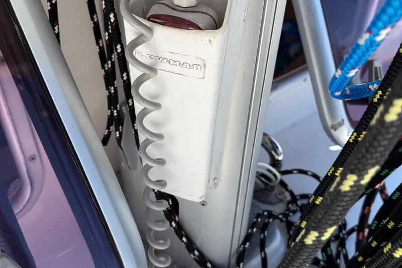 Slide: The Image of Close-up of a 2010 Leopard 38 sailboat's rigging and Lewmar equipment. - 85