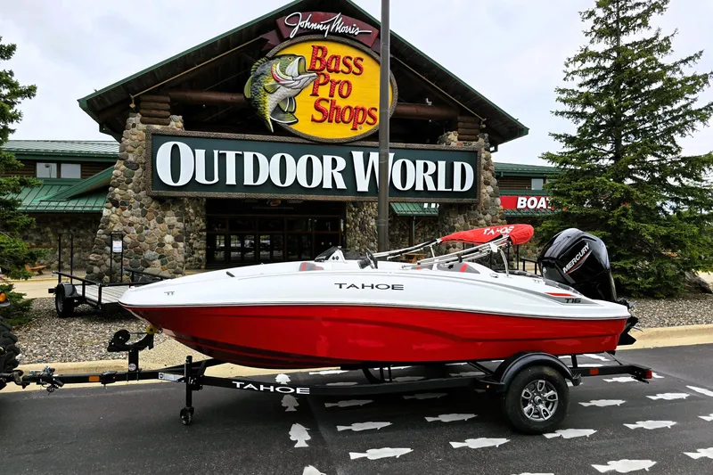 The Image of 2026 Tahoe T16 boat displayed outside Bass Pro Shops Outdoor World. - 0