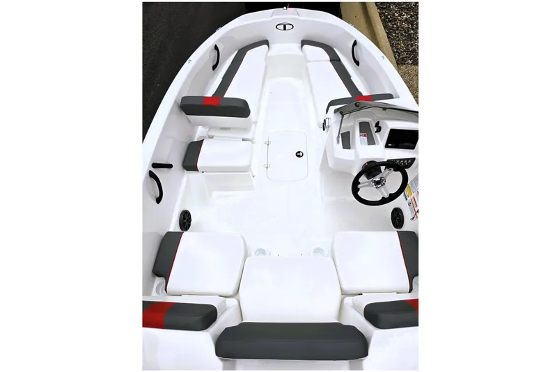 Slide: The Image of 2026 Tahoe T16 boat interior with seating and steering wheel, featuring modern design elements. - 3