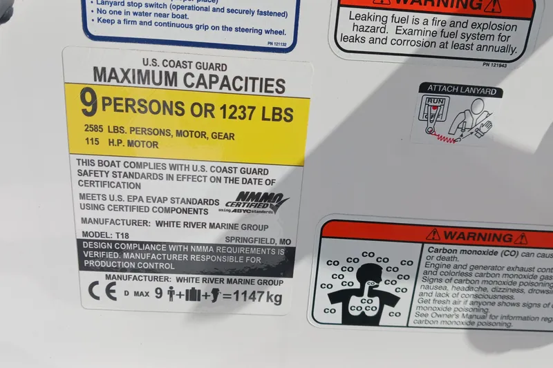 Slide: The Image of Boat capacity label for 2026 Tahoe T18, 9 persons or 1237 lbs, 115 HP motor. - 9
