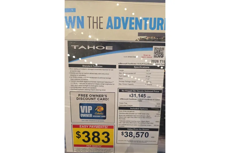 Slide: The Image of 2026 Tahoe T18 boat display with pricing, features, and payment options. - 5