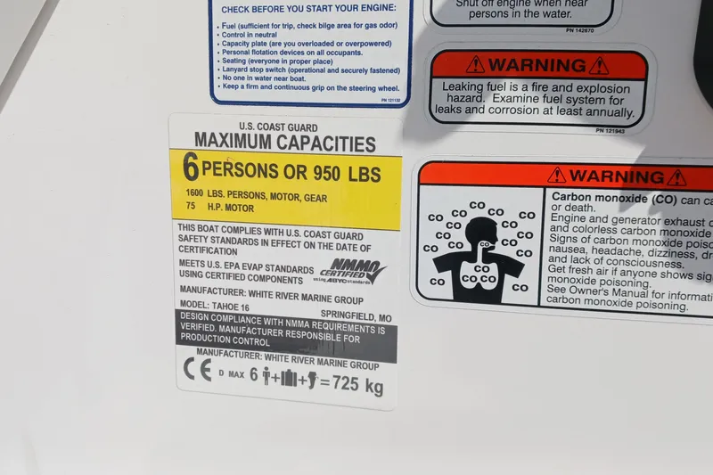 Slide: The Image of 2026 Tahoe T16 capacity and safety warning labels, including U.S. Coast Guard compliance. - 6