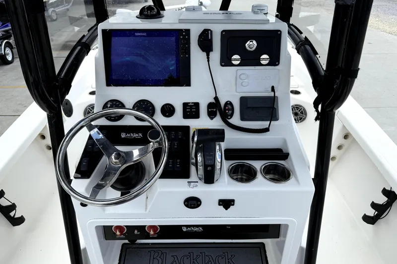 Slide: The Image of 2019 BlackJack 256 boat console with steering wheel, controls, and navigation display. - 10