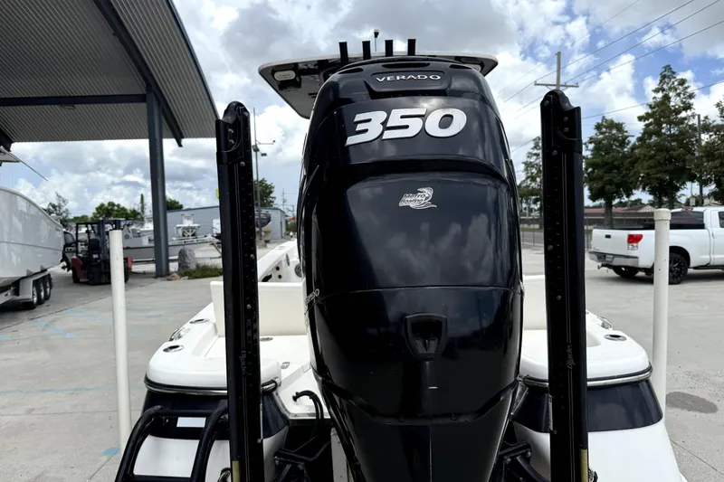 Slide: The Image of 2019 BlackJack 256 boat with a 350 Verado engine at a marina. - 15