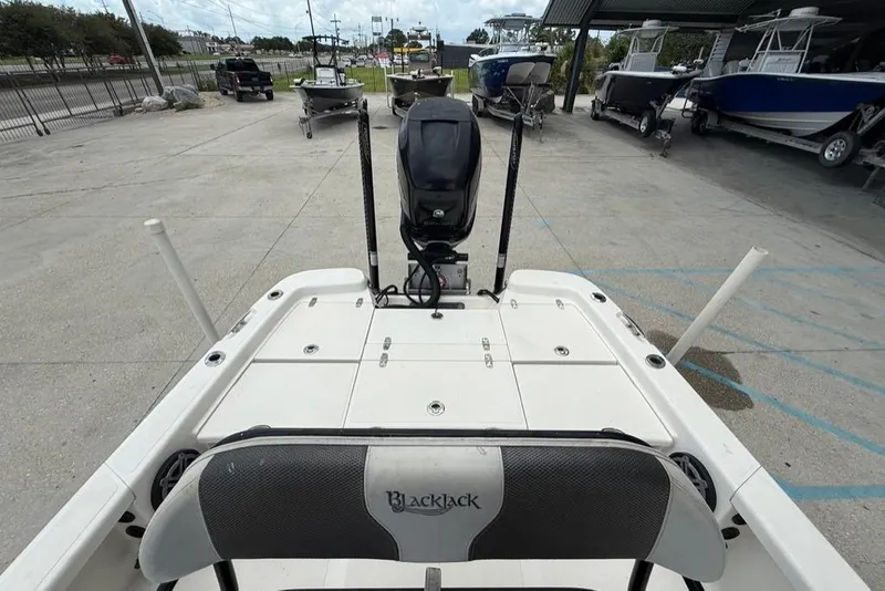 Slide: The Image of 2019 BlackJack 256 boat rear view, parked in a marina with other boats. - 18