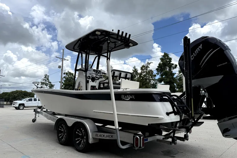 Slide: The Image of 2019 BlackJack 256 boat on trailer, parked outdoors under cloudy sky. - 3