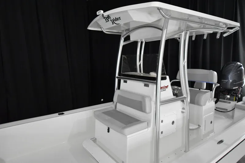 Slide: The Image of 2025 KenCraft 2260 Bay Rider Skiff, center console, white interior, modern design. - 12