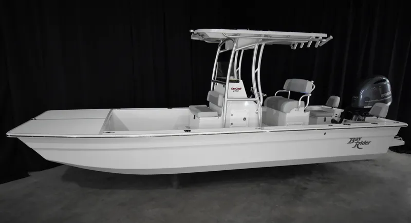 Slide: The Image of 2025 KenCraft 2260 Bay Rider Skiff, white center console boat with T-top. - 8