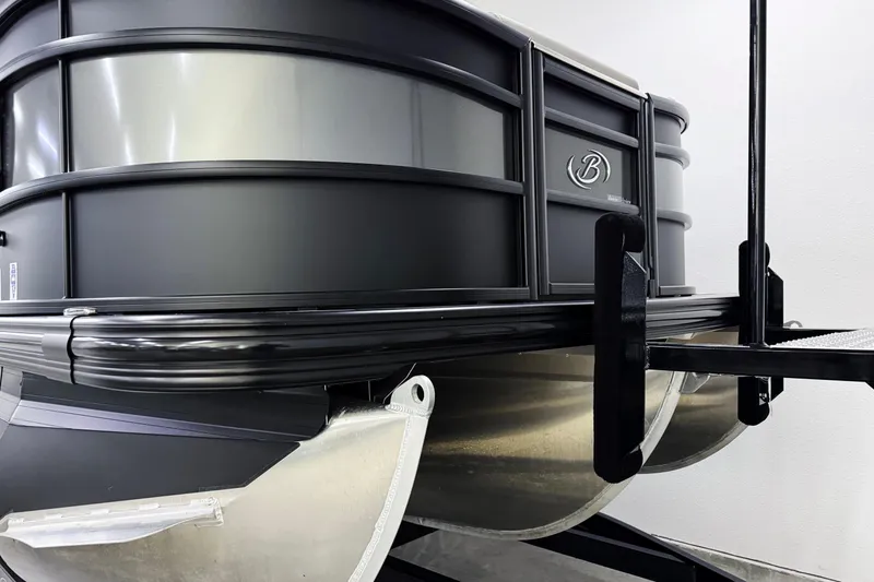 Slide: The Image of 2023 Barletta LUSSO 25U pontoon boat, sleek black exterior, close-up view. - 3