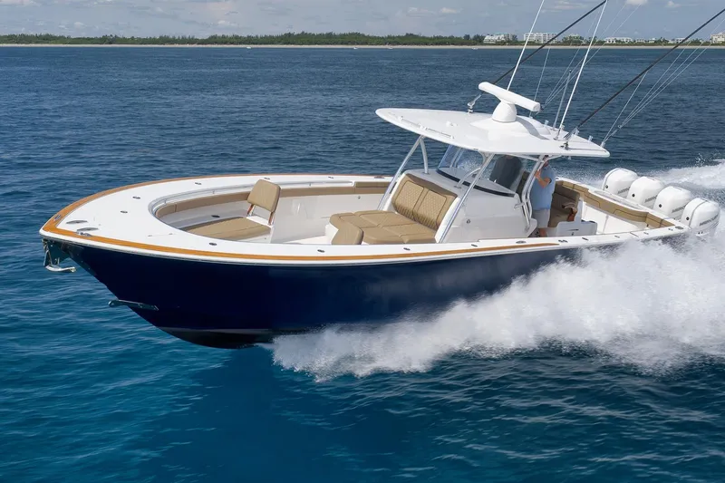 Slide: The Image of 2022 Valhalla Boatworks V-41 cruising on open water, showcasing sleek design and powerful engines. - 102