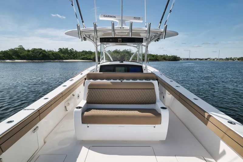 Slide: The Image of 2022 Valhalla Boatworks V-41 on water, featuring spacious seating and advanced navigation equipment. - 72