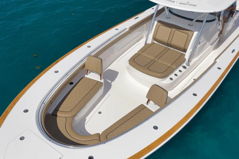 Slide: The Image of 2022 Valhalla Boatworks V-41 with luxurious seating on turquoise water. - 8