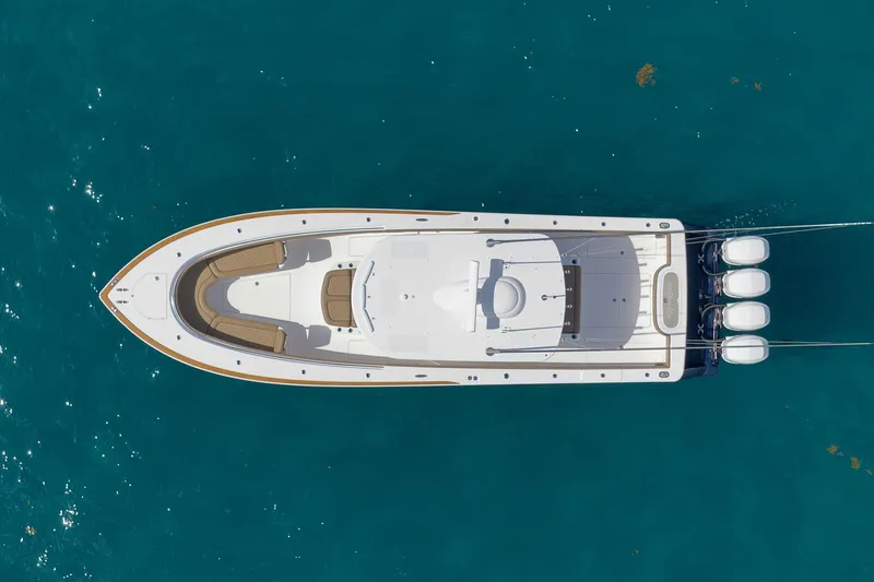 Slide: The Image of Aerial view of 2022 Valhalla Boatworks V-41 on clear blue water. - 85