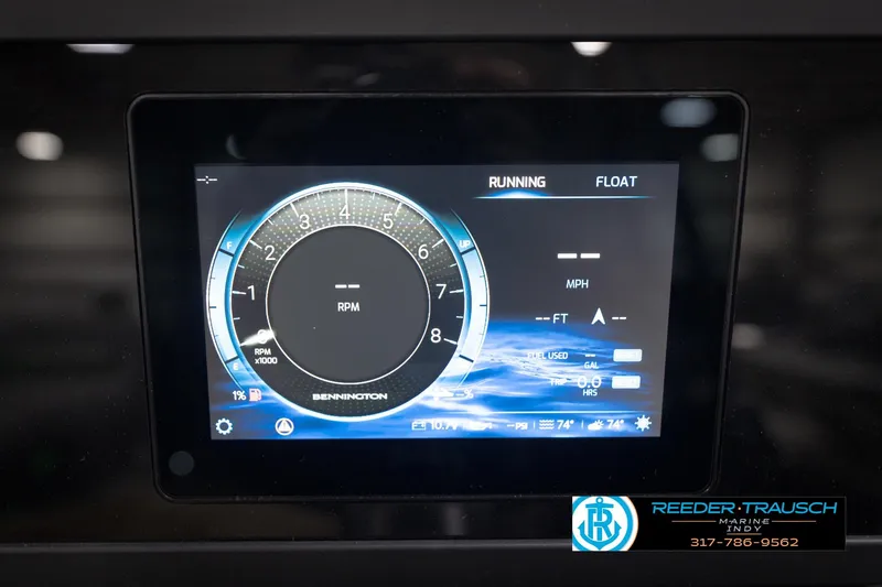 Slide: The Image of Digital dashboard display of 2026 Bennington 24 MFB boat, showing RPM and fuel levels. - 89