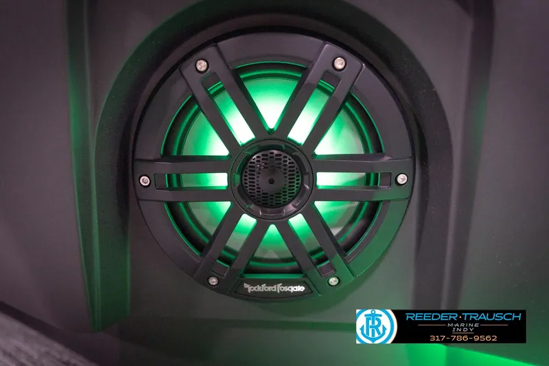 Slide: The Image of Rockford Fosgate speaker with green LED lighting on 2026 Bennington 24 MFB boat. - 99