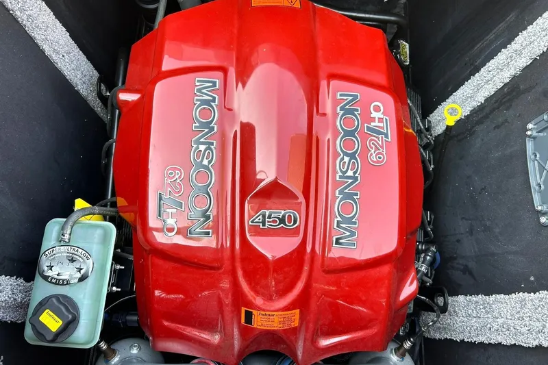 Slide: The Image of Red Monsoon 6.2L engine in 2017 Malibu Wakesetter 25 LSV boat. - 6