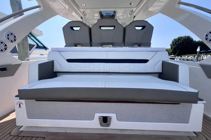 Slide: The Image of 2022 Tiara Yachts 34 LS interior seating, featuring modern design and luxurious upholstery. - 8