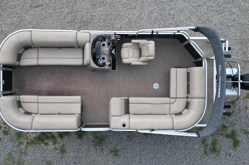 Slide: The Image of 2020 Sun Tracker Party Barge 20 DLX pontoon boat, aerial view, spacious seating layout. - 13