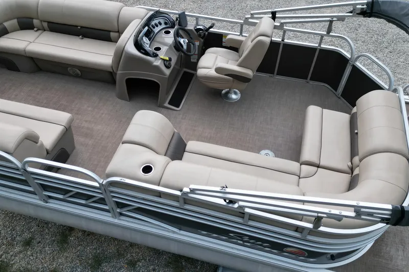 Slide: The Image of 2020 Sun Tracker Party Barge 20 DLX pontoon boat with spacious seating and modern helm. - 7