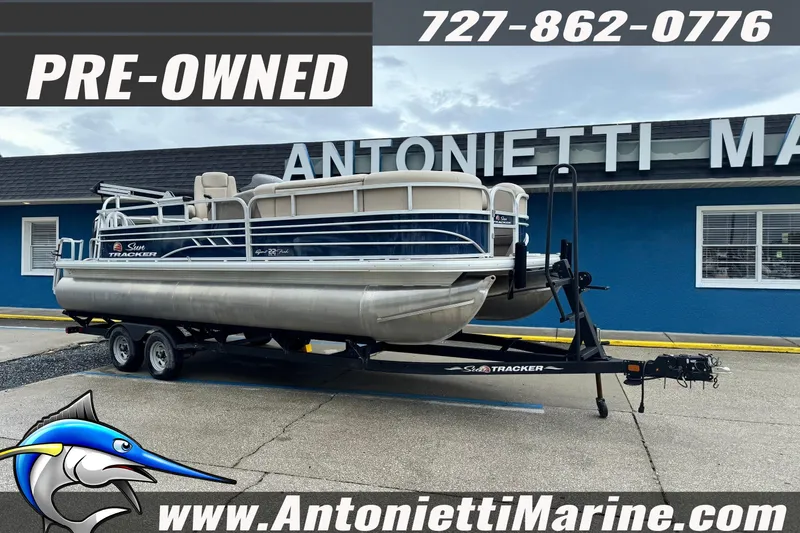 The Image of Pre-owned 2022 Sun Tracker 22 Sport Fish DLX pontoon boat on trailer at Antonietti Marine. - 0