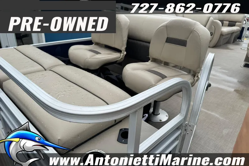 Slide: The Image of Pre-owned 2022 Sun Tracker 22 Sport Fish DLX pontoon boat with beige seating, for sale. - 7