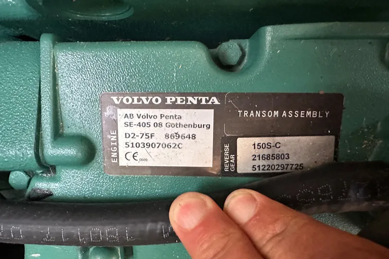 Slide: The Image of Volvo Penta engine label on 2018 Elan 45 Impressions yacht, showing model and serial numbers. - 53