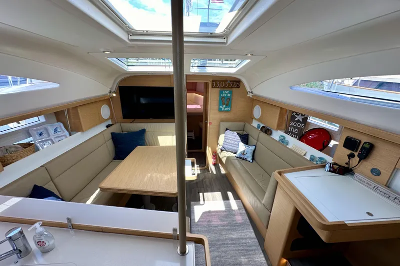 Slide: The Image of Luxurious interior of 2018 Elan 45 Impressions yacht with modern seating and decor. - 58