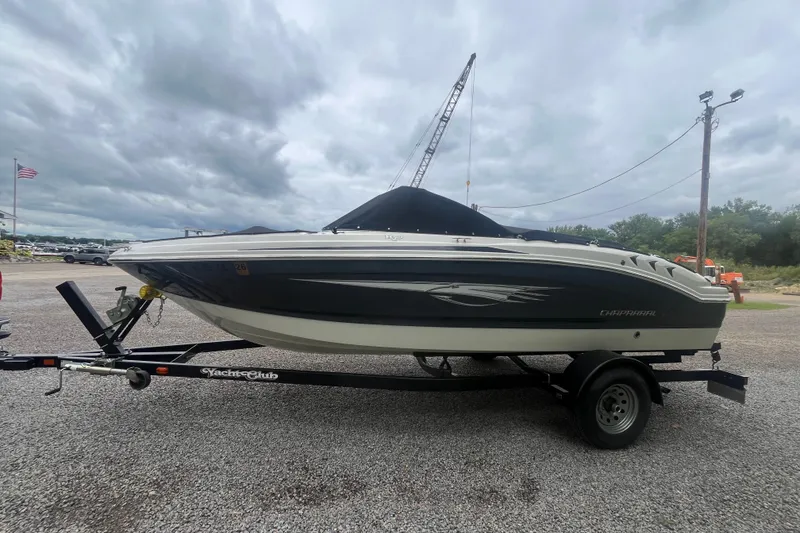 Slide: The Image of 2014 Chaparral 18 H2O Ski & Fish boat on trailer under cloudy sky. - 38