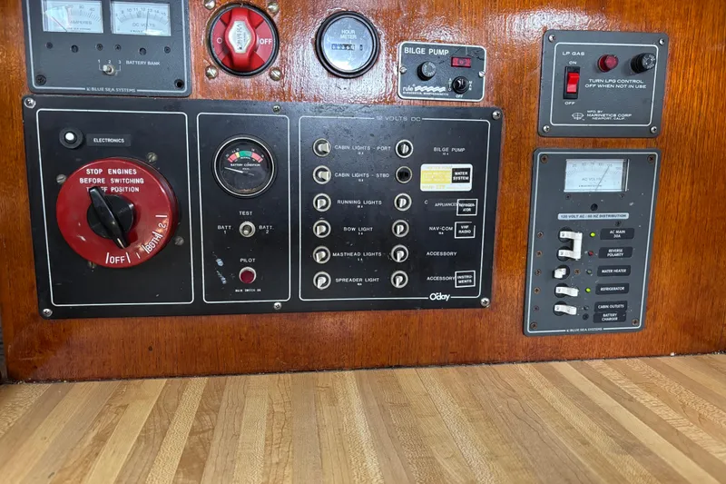 Slide: The Image of Control panel of a 1981 O'Day 34 sailboat with various switches and gauges. - 23