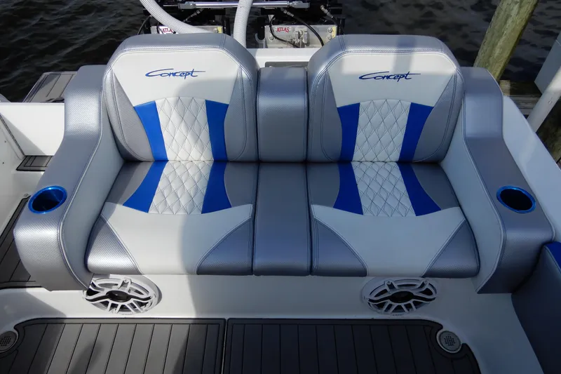 Slide: The Image of Luxurious seating on 2021 Concept 32' Open Deck boat with blue and gray upholstery. - 17