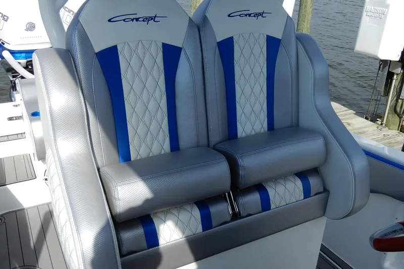 Slide: The Image of Luxury seating on 2021 Concept 32' Open Deck boat, featuring blue and gray design. - 19