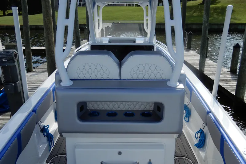 Slide: The Image of 2021 Concept 32' Open Deck boat interior with modern seating and storage. - 28