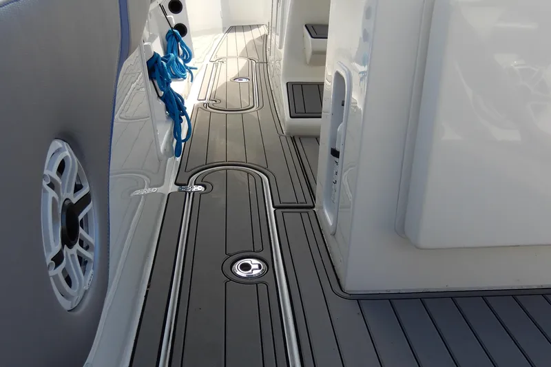 Slide: The Image of 2021 Concept 32' Open Deck boat interior with sleek flooring and modern design elements. - 29