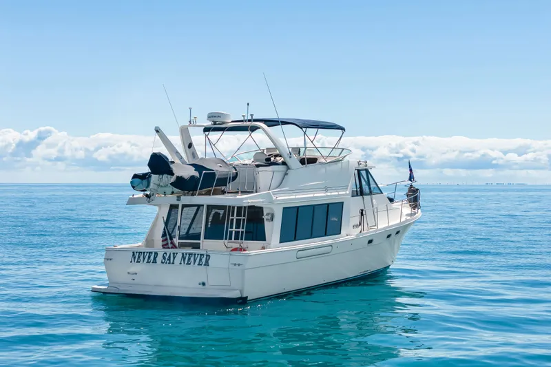 The Image of 1997 Bayliner 4788 Pilot House Motoryacht on calm blue ocean waters. - 0
