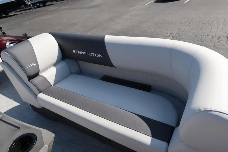 Slide: The Image of 2026 Bennington S Swingback 22 SSB SPS boat seating, featuring sleek gray and white upholstery. - 16