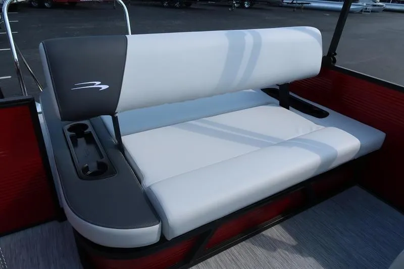 Slide: The Image of 2026 Bennington S Swingback 22 SSB SPS boat seat with cup holders, gray and white upholstery. - 21