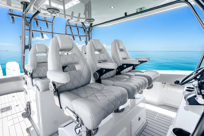 Slide: The Image of Luxurious seating on 2024 Freeman 42 boat with ocean view and modern design. - 28