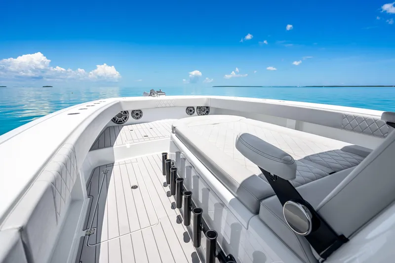 Slide: The Image of Luxurious 2024 Freeman 42 boat interior with sleek seating and ocean view. - 35