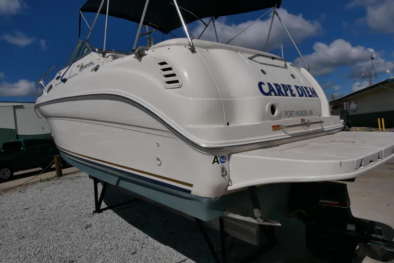 Slide: The Image of 2003 Sea Ray 260 Sundancer boat on land, named "Carpe Diem," Port Huron, MI. - 8