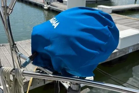 Slide: The Image of Blue cover on boat equipment, dockside, Hunter 410, 1999 model. - 7