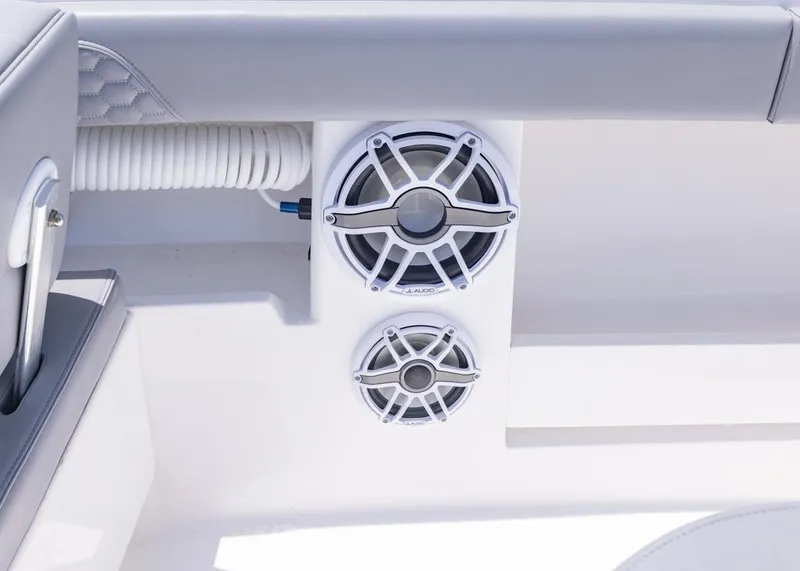 Slide: The Image of 2025 Invincible 43 Open Fisherman boat speakers and seating detail. - 35