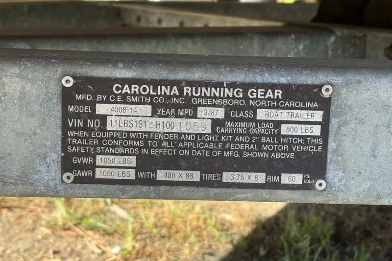 Slide: The Image of Plaque on Carolina Running Gear boat trailer, model 4008-14, manufactured in March 1987. - 3