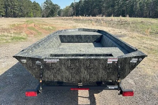 Slide: The Image of 2025 Tracker Grizzly 1860 Utility boat on trailer, camo design, parked outdoors. - 2