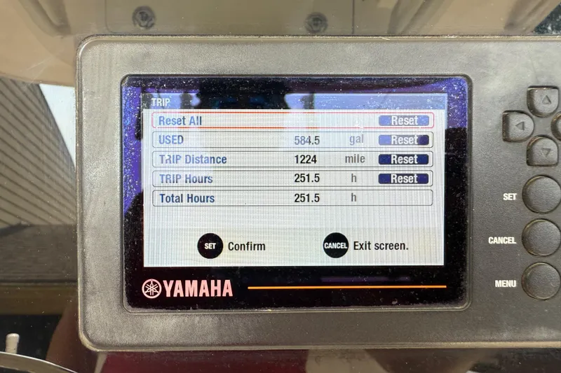 Slide: The Image of Yamaha display showing trip data on 2020 Cobia 220 Center Console boat. - 14